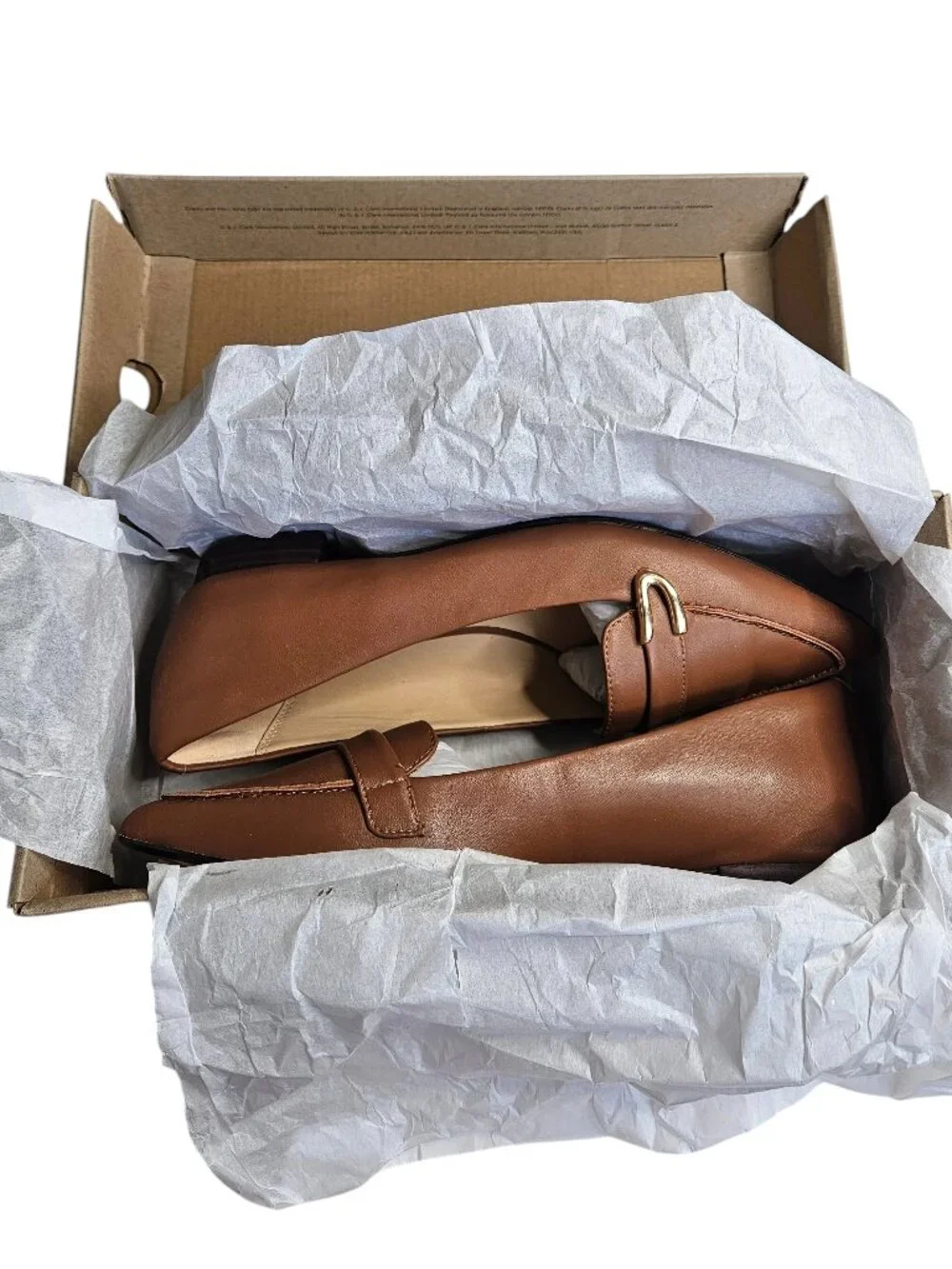 Clarks Laina 15 Buckle Dark Tan Leather Pointed Toe Loafer Flat, 7.5M, NWT
